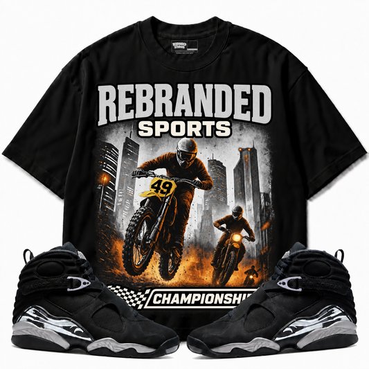 Sports Air Jordan 8 Chrome black graphic T-shirt with matching sneakers