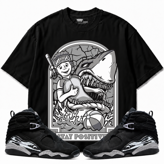 Stay Positive Air Jordan 8 Chrome black graphic T-shirt with matching sneakers