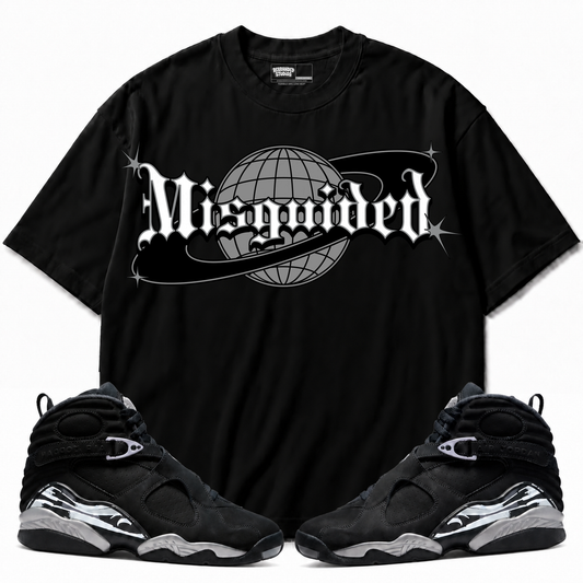 World Air Jordan 8 Chrome black graphic T-shirt with matching sneakers