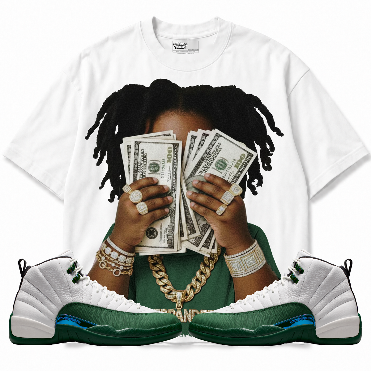 Yung Cash (Air Jordan 12 Bucks) T-Shirt with matching sneakers