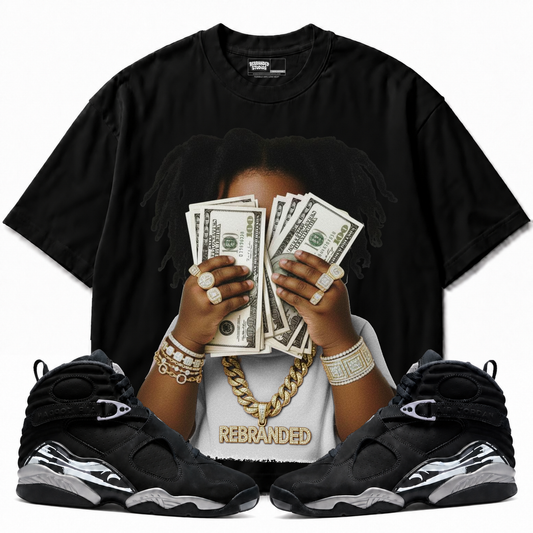 Yung Cash Air Jordan 8 Chrome black graphic T-shirt with matching sneakers