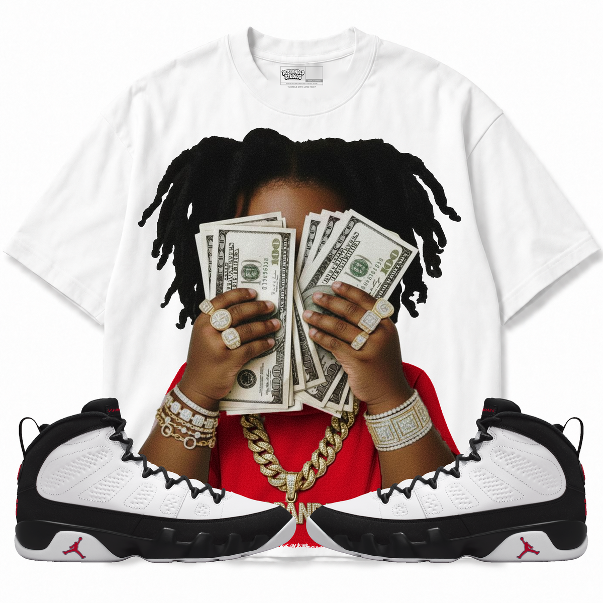 Yung Cash (Air Jordan 9 OG Space Jam) T-Shirt with matching sneakers