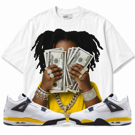 Yung Cash (Air Jordan 4 Tour Yellow) T-Shirt with matching sneakers