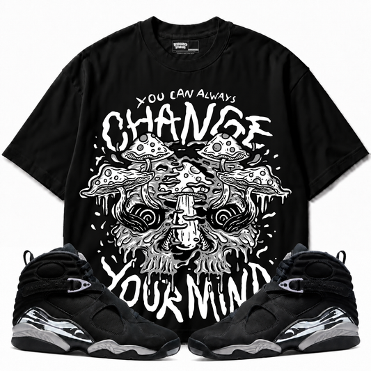 You Can Always Change Your Mind Air Jordan 8 Chrome black graphic T-shirt with matching sneakers