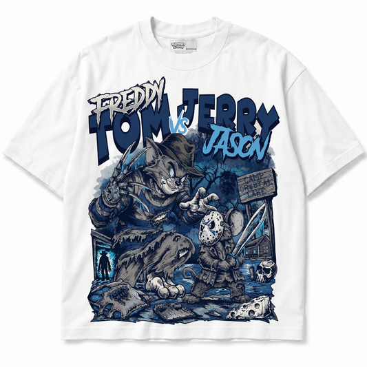 Rebranded Studios Freddy Tom Vs Jerry Jason Air Jordan 13 Flint Graphic T-Shirt — alternate view