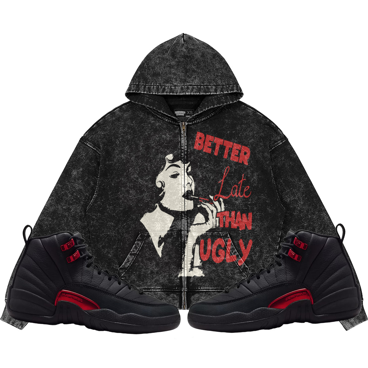 Better Late Than Ugly (Air Jordan 12 Bloodline) 440GSM Heavyweight Vintage Snow Wash Zip Up Hoodie