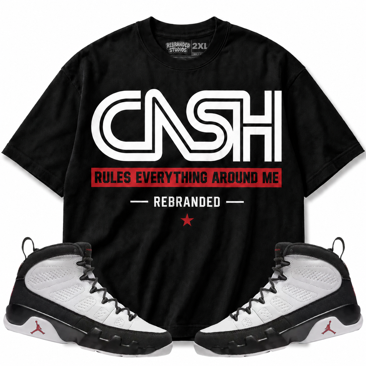 Rebranded Studios Cash Rules Everything Around Me Air Jordan 9 OG Space Jam Graphic T-Shirt