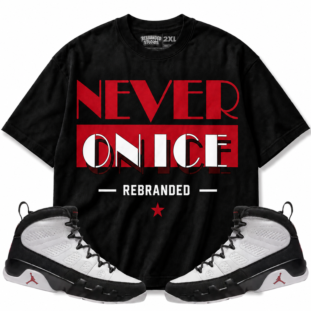 Rebranded Studios Never On Ice Air Jordan 9 OG Space Jam Graphic T-Shirt