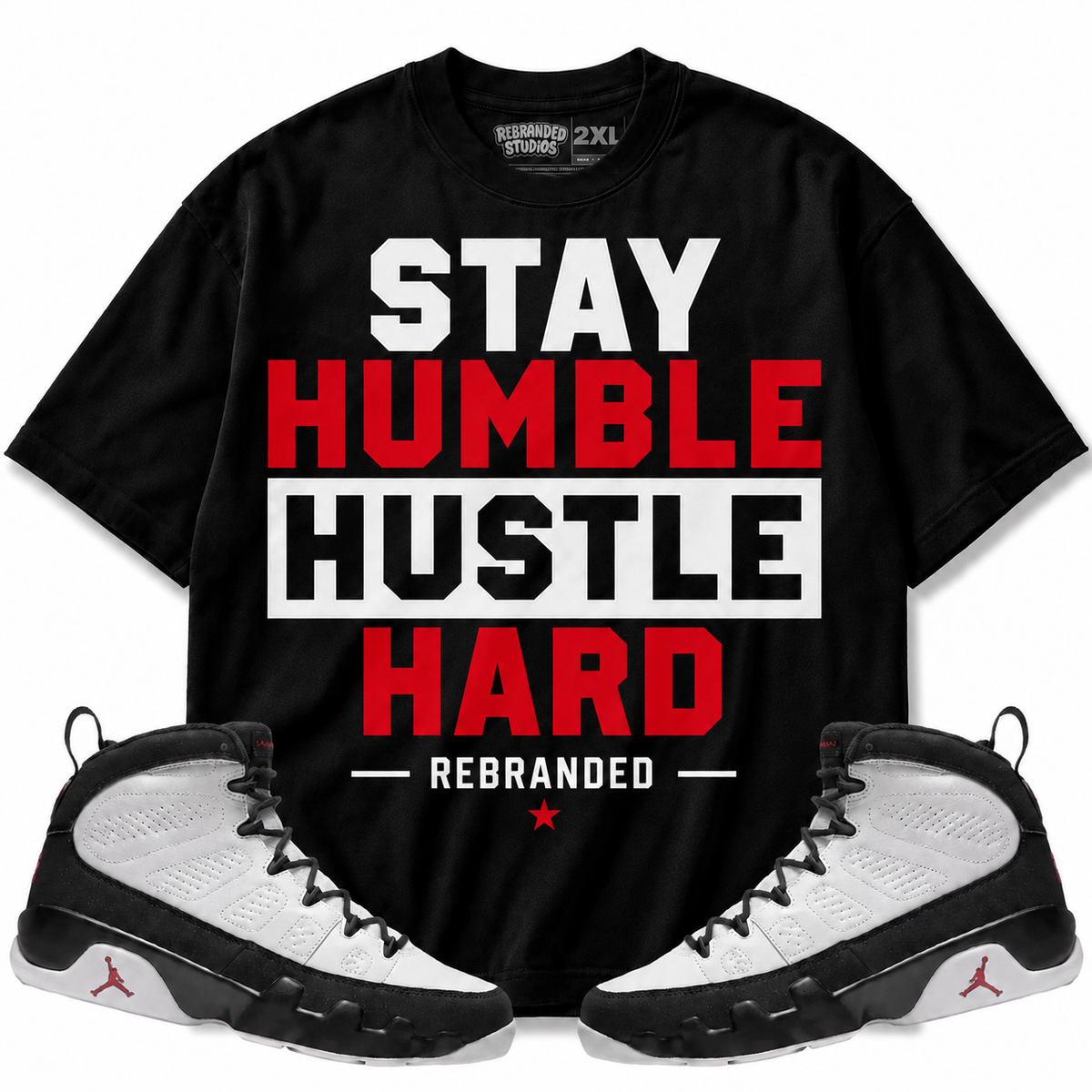 Rebranded Studios Stay Humble Hustle Hard Air Jordan 9 OG Space Jam Graphic T-Shirt