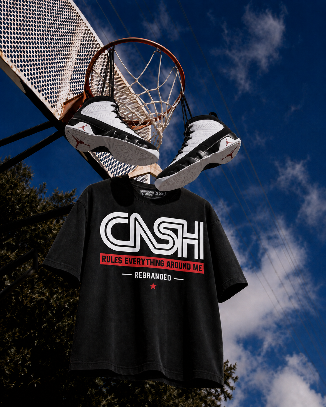 Rebranded Studios Cash Rules Everything Around Me Air Jordan 9 OG Space Jam Graphic T-Shirt