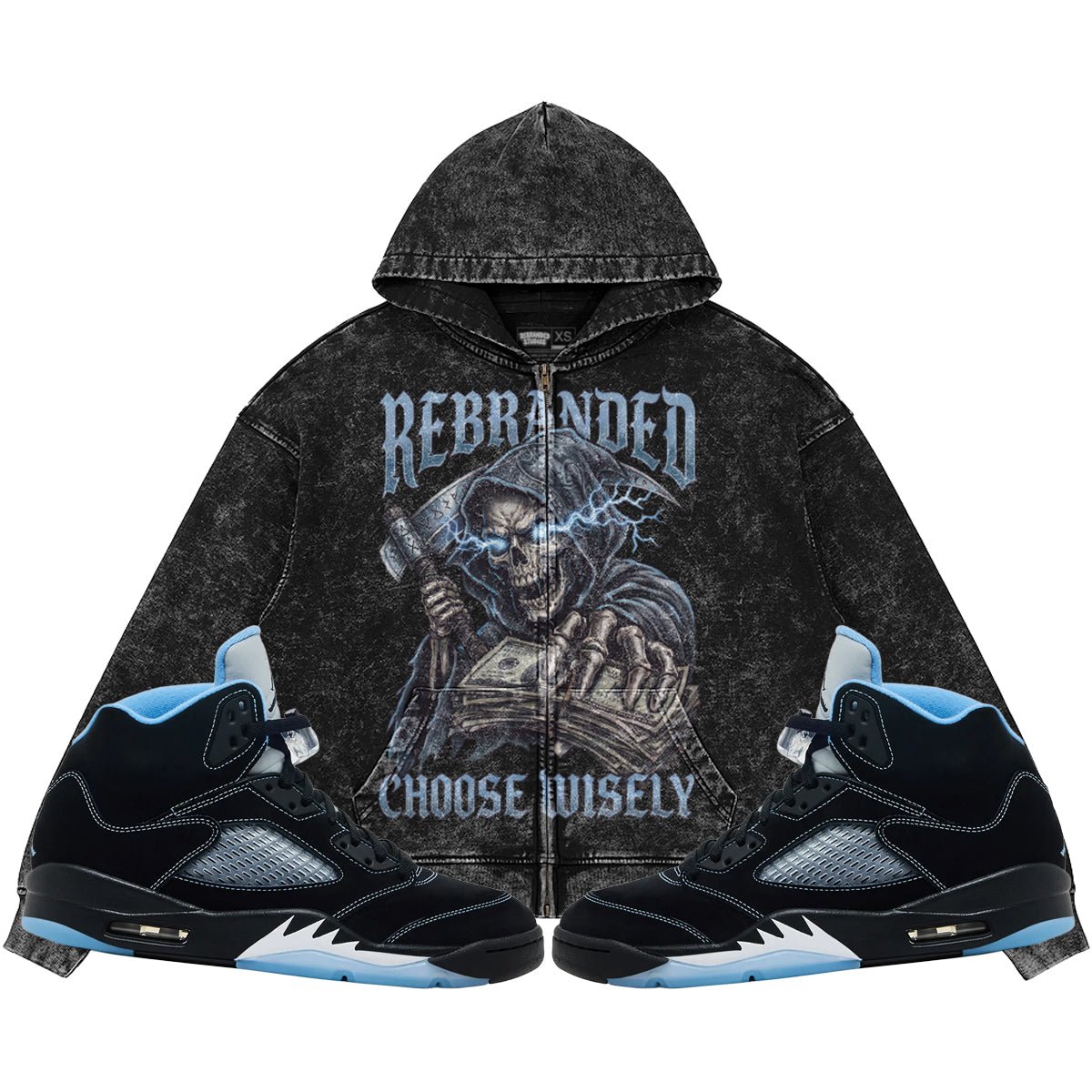 Choose Wisely (Air Jordan 5 Black Carolina UNC) 440GSM Heavyweight Vintage Snow Wash Zip Up Hoodie