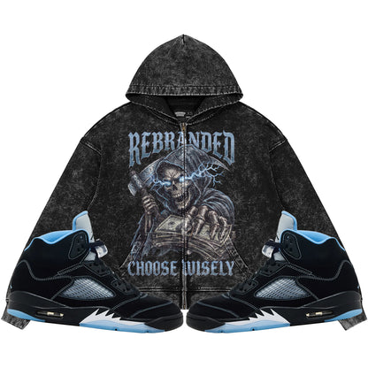 Choose Wisely (Air Jordan 5 Black Carolina UNC) 440GSM Heavyweight Vintage Snow Wash Zip Up Hoodie
