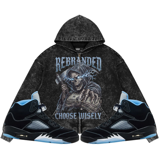 Choose Wisely (Air Jordan 5 Black Carolina UNC) 440GSM Heavyweight Vintage Snow Wash Zip Up Hoodie