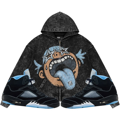 Follow Your Dreams (Air Jordan 5 Black Carolina UNC) 440GSM Heavyweight Vintage Snow Wash Zip Up Hoodie