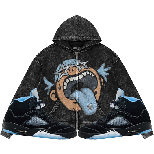 Follow Your Dreams (Air Jordan 5 Black Carolina UNC) 440GSM Heavyweight Vintage Snow Wash Zip Up Hoodie