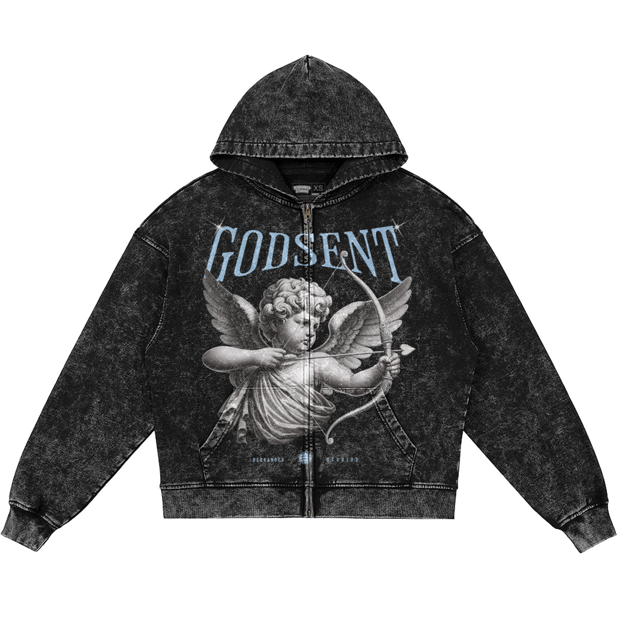 God Sent (Air Jordan 5 Black Carolina UNC) 440GSM Heavyweight Vintage Snow Wash Zip Up Hoodie