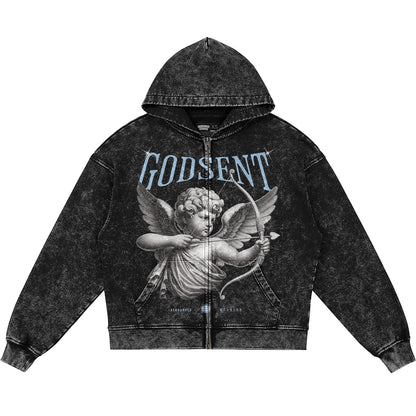 God Sent (Air Jordan 5 Black Carolina UNC) 440GSM Heavyweight Vintage Snow Wash Zip Up Hoodie