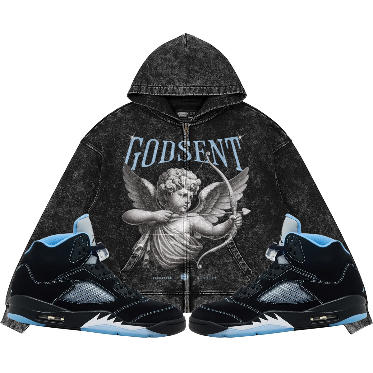 God Sent (Air Jordan 5 Black Carolina UNC) 440GSM Heavyweight Vintage Snow Wash Zip Up Hoodie
