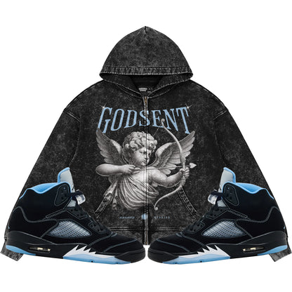 God Sent (Air Jordan 5 Black Carolina UNC) 440GSM Heavyweight Vintage Snow Wash Zip Up Hoodie