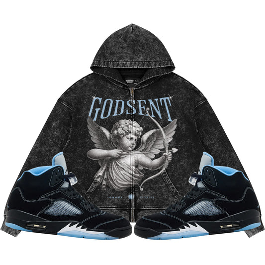 God Sent (Air Jordan 5 Black Carolina UNC) 440GSM Heavyweight Vintage Snow Wash Zip Up Hoodie