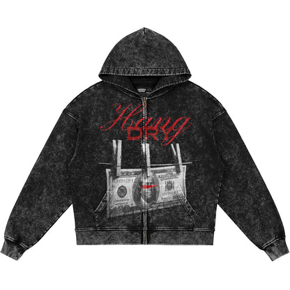 Hang Dry (Air Jordan 12 Bloodline) 440GSM Heavyweight Vintage Snow Wash Zip Up Hoodie