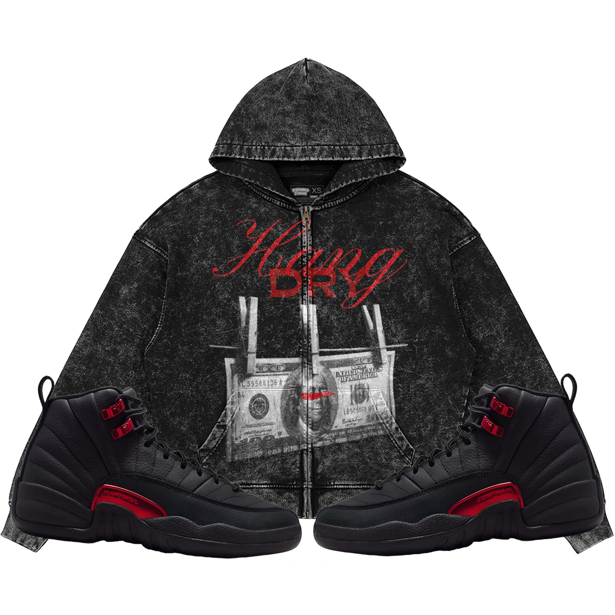Hang Dry (Air Jordan 12 Bloodline) 440GSM Heavyweight Vintage Snow Wash Zip Up Hoodie