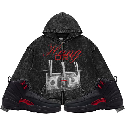 Hang Dry (Air Jordan 12 Bloodline) 440GSM Heavyweight Vintage Snow Wash Zip Up Hoodie