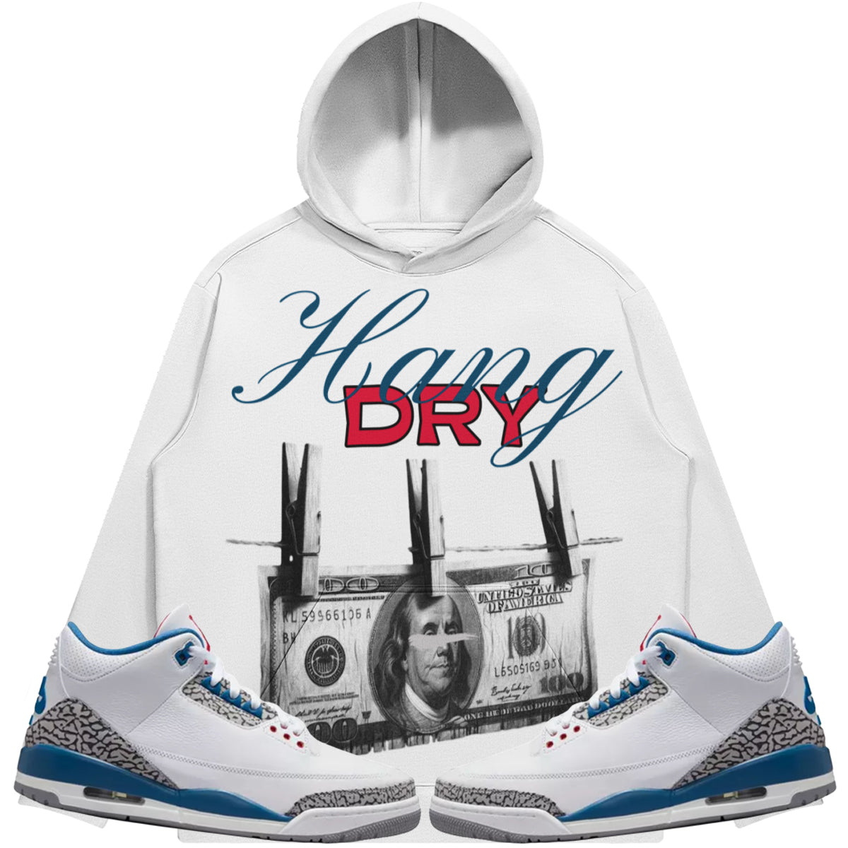 Hang Dry (Air Jordan 3 True Blue) 380 GSM Brushed Fleece Drawstring Hoodie