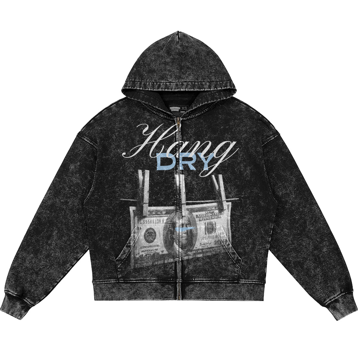 Hang Dry (Air Jordan 5 Black Carolina UNC) 440GSM Heavyweight Vintage Snow Wash Zip Up Hoodie