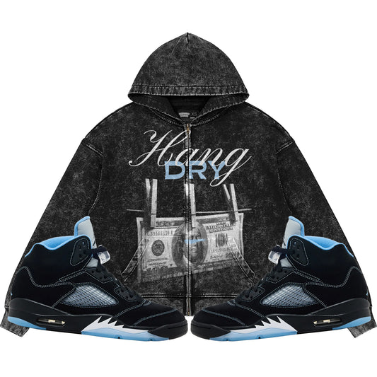 Hang Dry (Air Jordan 5 Black Carolina UNC) 440GSM Heavyweight Vintage Snow Wash Zip Up Hoodie