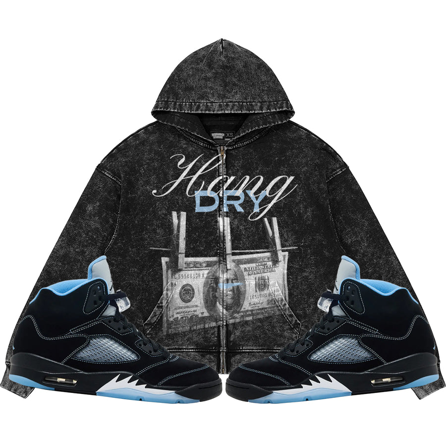Hang Dry (Air Jordan 5 Black Carolina UNC) 440GSM Heavyweight Vintage Snow Wash Zip Up Hoodie
