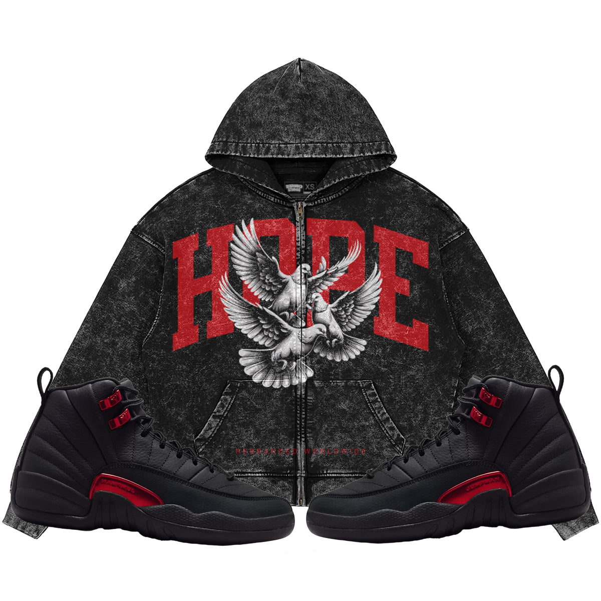 Hope (Air Jordan 12 Bloodline) 440GSM Heavyweight Vintage Snow Wash Zip Up Hoodie
