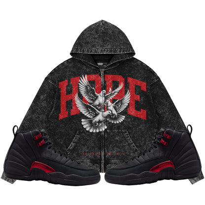 Hope (Air Jordan 12 Bloodline) 440GSM Heavyweight Vintage Snow Wash Zip Up Hoodie