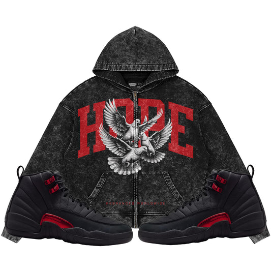 Hope (Air Jordan 12 Bloodline) 440GSM Heavyweight Vintage Snow Wash Zip Up Hoodie