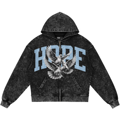 Hope (Air Jordan 5 Black Carolina UNC) 440GSM Heavyweight Vintage Snow Wash Zip Up Hoodie