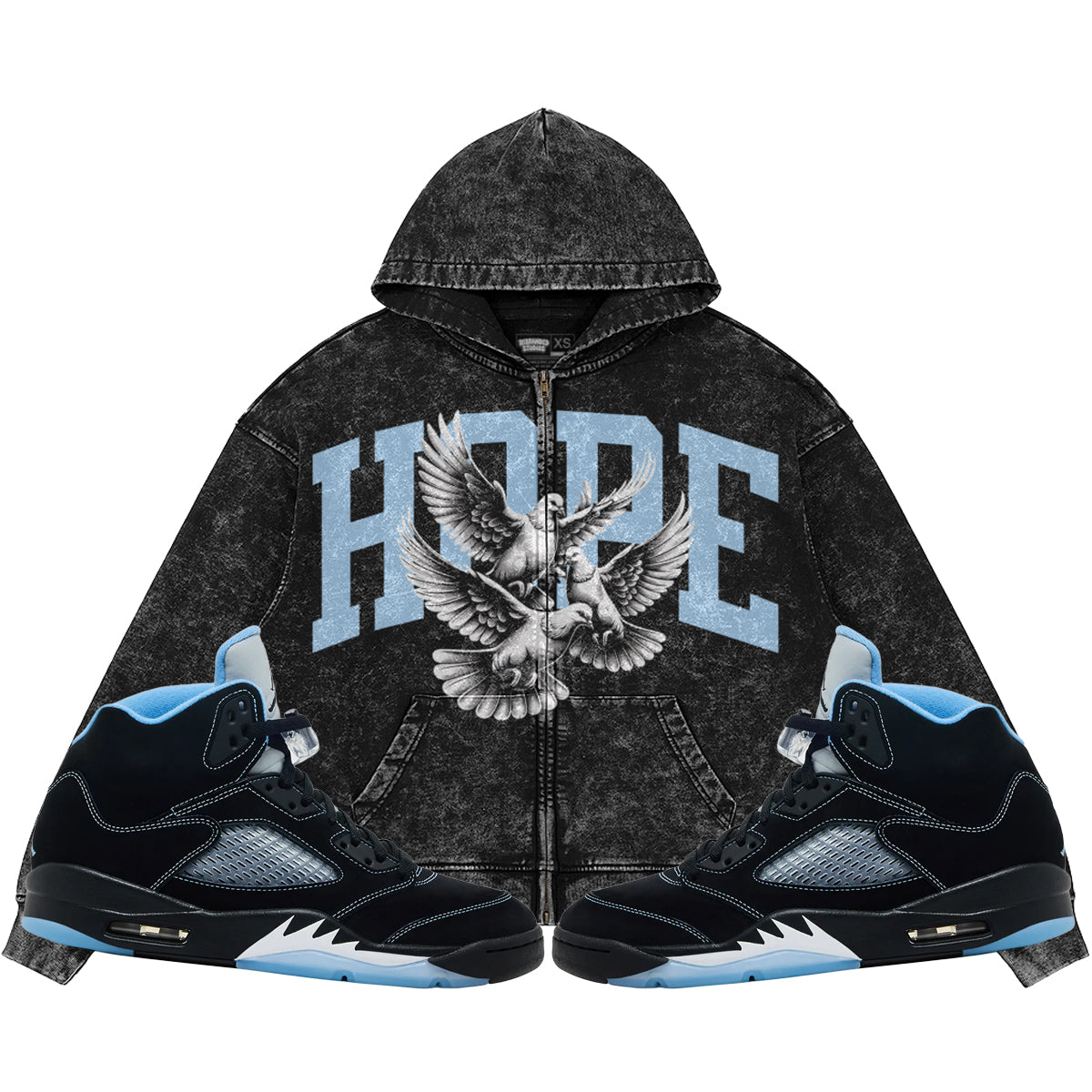 Hope (Air Jordan 5 Black Carolina UNC) 440GSM Heavyweight Vintage Snow Wash Zip Up Hoodie
