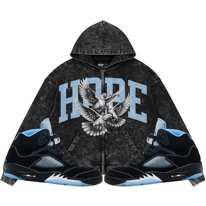Hope (Air Jordan 5 Black Carolina UNC) 440GSM Heavyweight Vintage Snow Wash Zip Up Hoodie