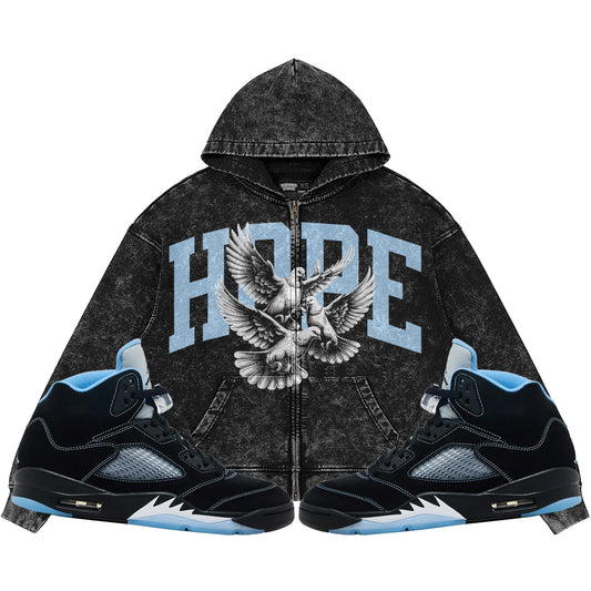 Hope (Air Jordan 5 Black Carolina UNC) 440GSM Heavyweight Vintage Snow Wash Zip Up Hoodie