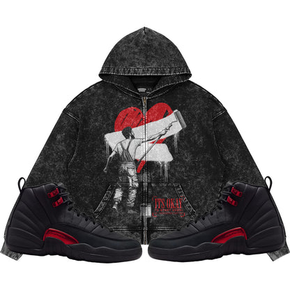 It's Okay To Start Over (Air Jordan 12 Bloodline) 440GSM Heavyweight Vintage Snow Wash Zip Up Hoodie