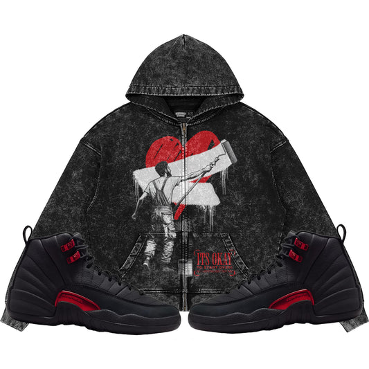 It's Okay To Start Over (Air Jordan 12 Bloodline) 440GSM Heavyweight Vintage Snow Wash Zip Up Hoodie