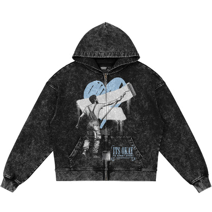 It's Okay To Start Over (Air Jordan 5 Black Carolina UNC) 440GSM Heavyweight Vintage Snow Wash Zip Up Hoodie
