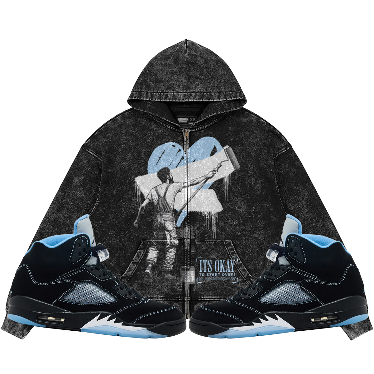 It's Okay To Start Over (Air Jordan 5 Black Carolina UNC) 440GSM Heavyweight Vintage Snow Wash Zip Up Hoodie