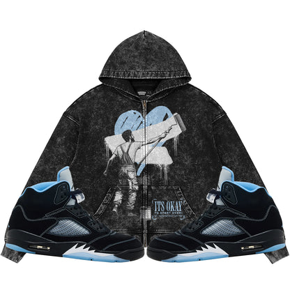 It's Okay To Start Over (Air Jordan 5 Black Carolina UNC) 440GSM Heavyweight Vintage Snow Wash Zip Up Hoodie