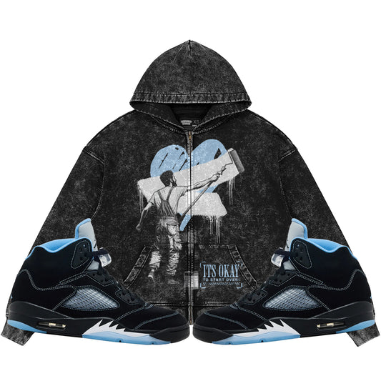 It's Okay To Start Over (Air Jordan 5 Black Carolina UNC) 440GSM Heavyweight Vintage Snow Wash Zip Up Hoodie