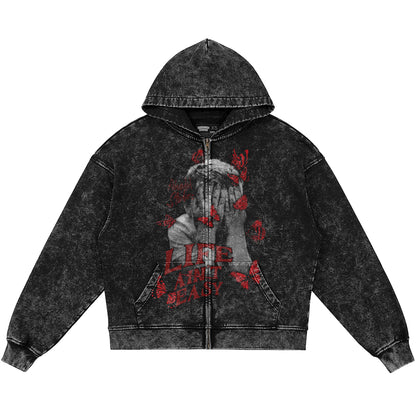 Life Ain't Easy (Air Jordan 12 Bloodline) 440GSM Heavyweight Vintage Snow Wash Zip Up Hoodie