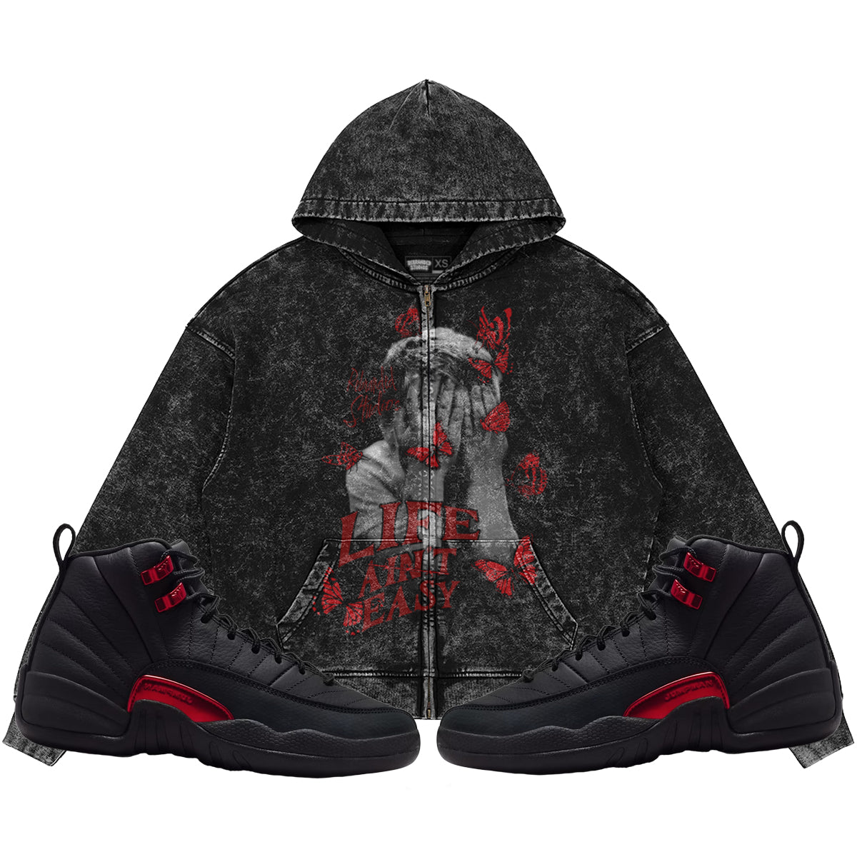 Life Ain't Easy (Air Jordan 12 Bloodline) 440GSM Heavyweight Vintage Snow Wash Zip Up Hoodie