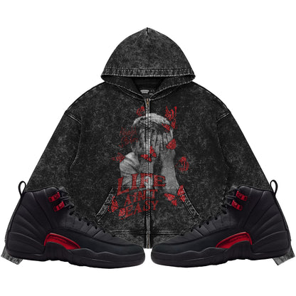 Life Ain't Easy (Air Jordan 12 Bloodline) 440GSM Heavyweight Vintage Snow Wash Zip Up Hoodie