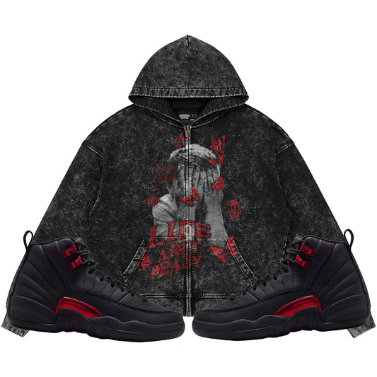 Life Ain't Easy (Air Jordan 12 Bloodline) 440GSM Heavyweight Vintage Snow Wash Zip Up Hoodie