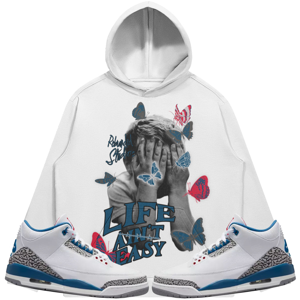 Life Ain't Easy (Air Jordan 3 True Blue) 380 GSM Brushed Fleece Drawstring Hoodie