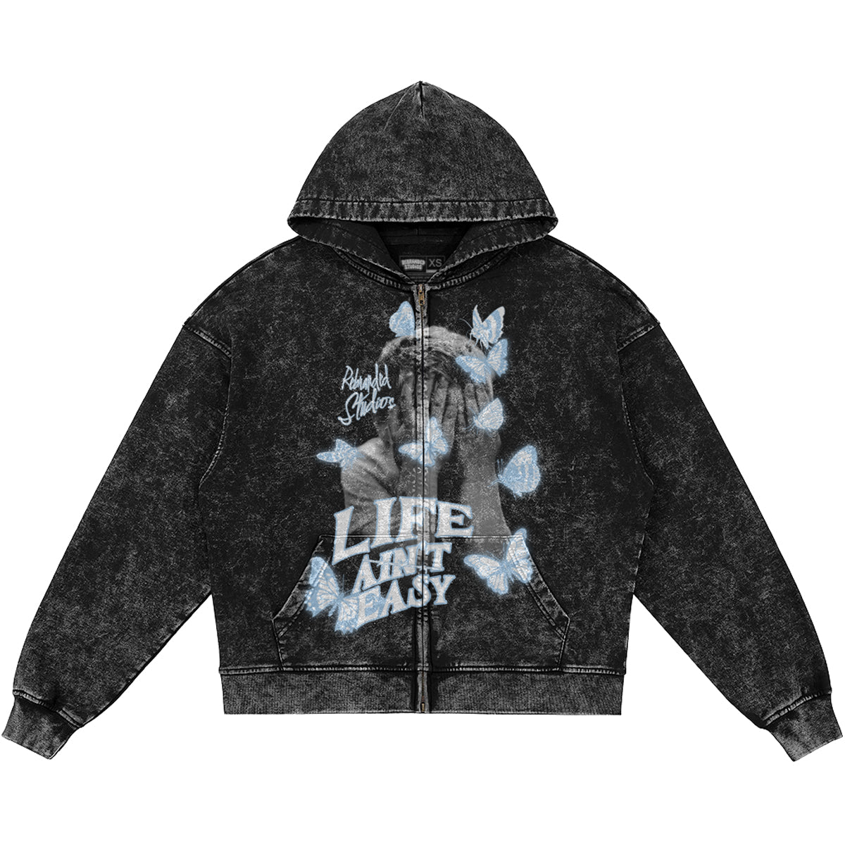 Life Ain't Easy (Air Jordan 5 Black Carolina UNC) 440GSM Heavyweight Vintage Snow Wash Zip Up Hoodie